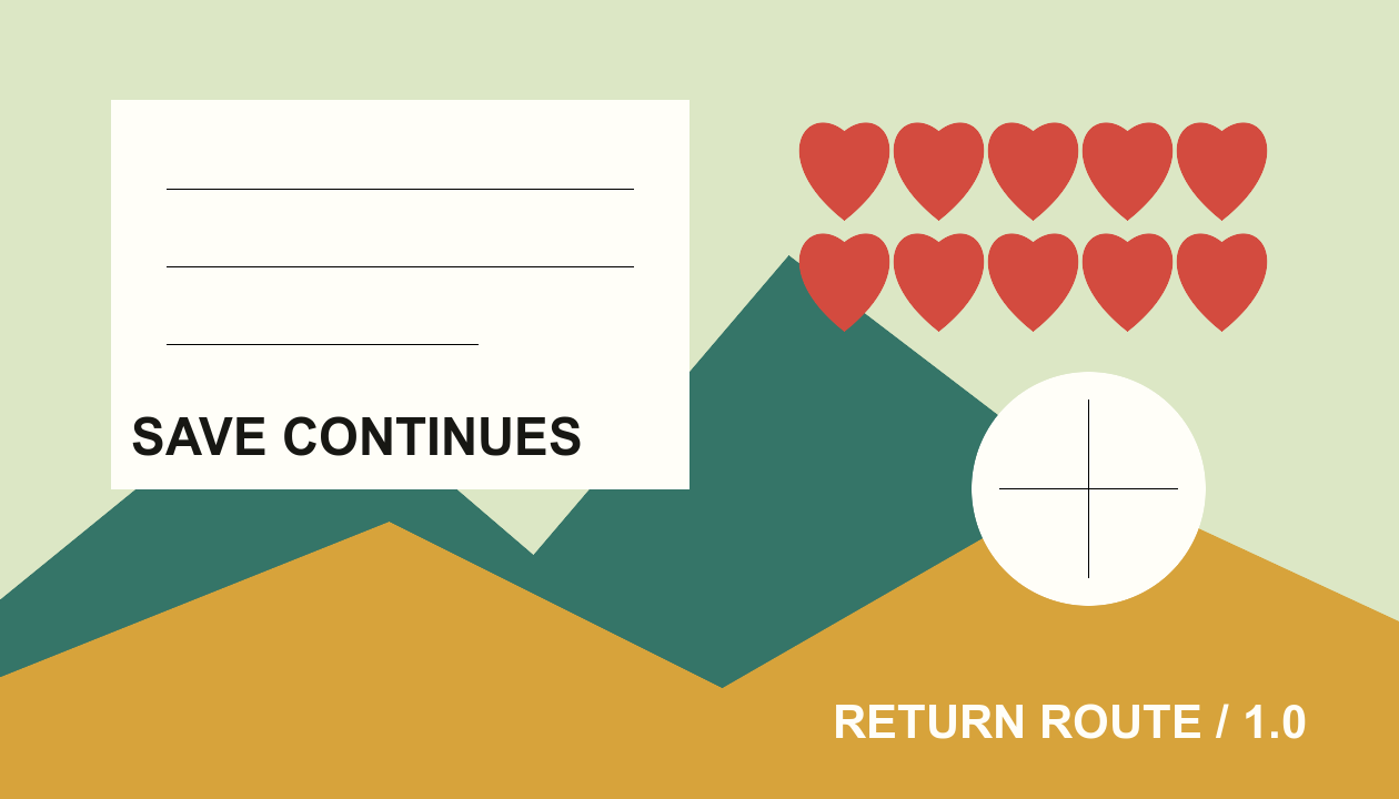 A save ledger beside seeds, a repaired bridge, and ten relationship hearts