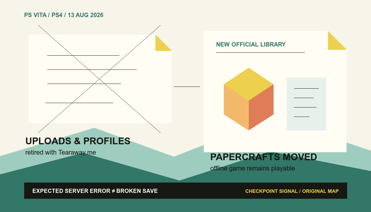 A folded paper messenger rerouting photos and papercraft downloads away from a retired Tearaway.me server